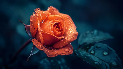 Orange Rose Covered With Water Droplets Against Dark Blue Background