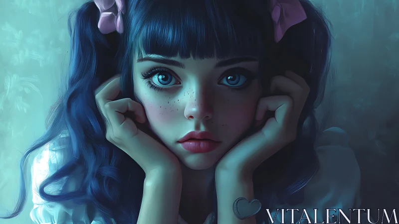 Melancholy blue-eyed daydreamer in quiet teal glow.
