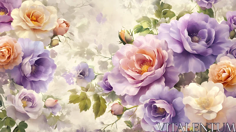 Garden Dreams: Purple and Peach Roses in Soft Light.