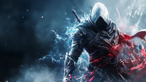 Hooded spectral assassin in dual chromatic energy armor