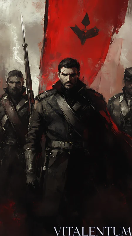 Soldier leads grim military unit before large red war flag