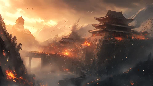 Burning mountain temple complex dominates a misty ravine