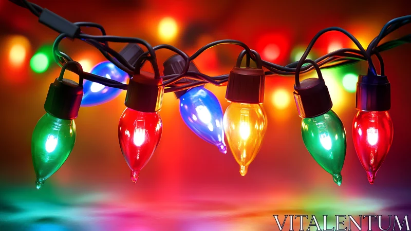 Colorful holiday string lights glow against soft bokeh background.