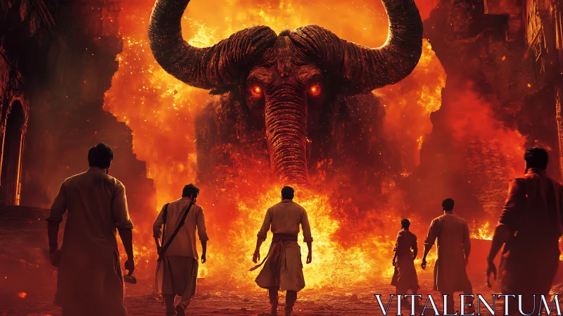 Firelit warriors confront a colossal horned inferno beast