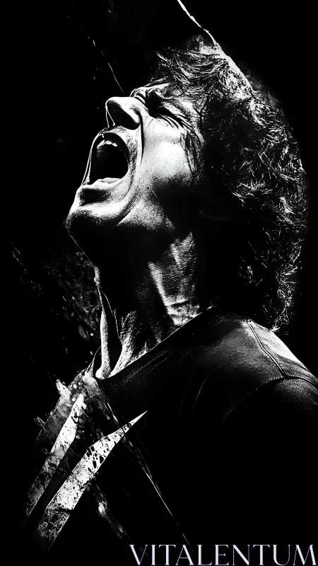 Side profile of man screaming in high contrast lighting