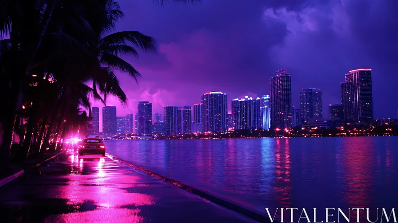 Neon lit waterfront city skyline at night in purple tones.