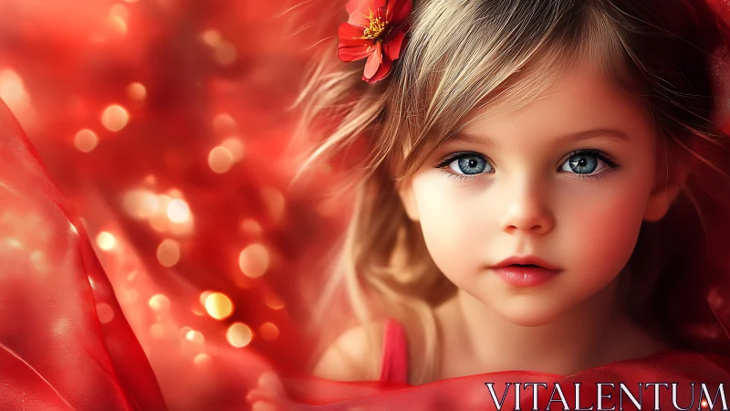 Child portrait with red floral background and bokeh lighting effects.