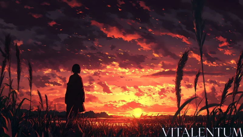 Twilight grasses cradle a lone watcher of the burning sky