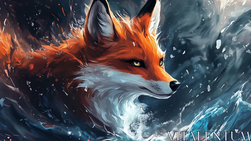 Fiery fox spirit glides through swirling waves and starlit spray