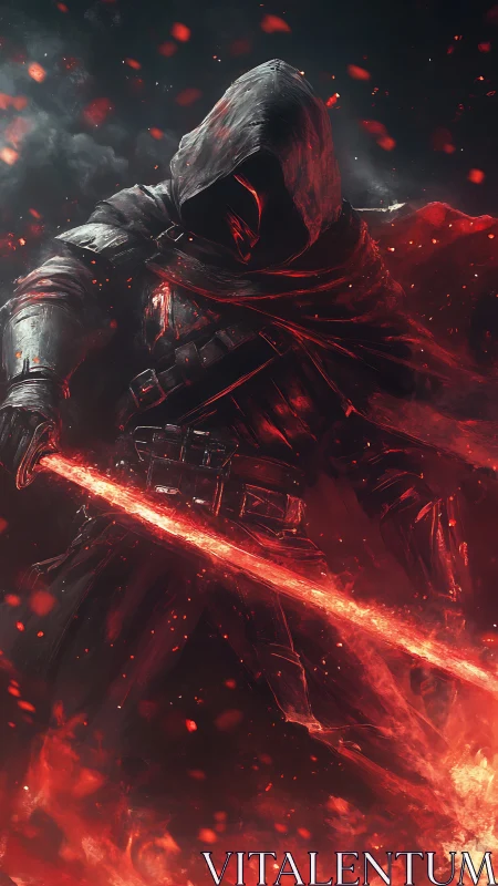 Hooded dark warrior wielding a blazing crimson energy blade.