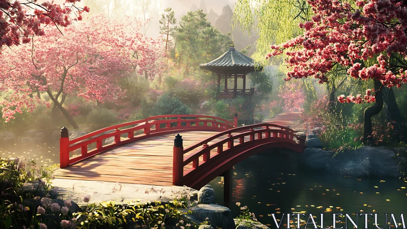 Red arched bridge in calm cherry blossom garden scene.