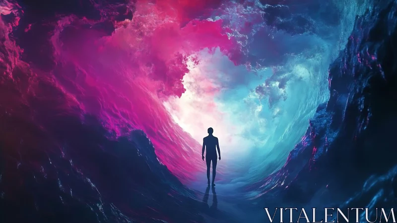 Stargazer steps through neon tides of liquid twilight