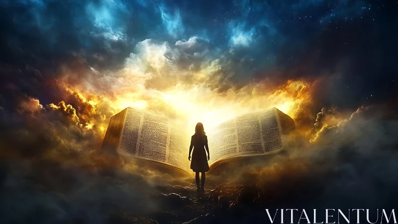 Silhouette before giant open book in luminous cloudscape.