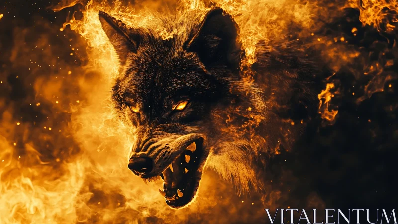 High-contrast fiery wolf portrait with aggressive snarl stance