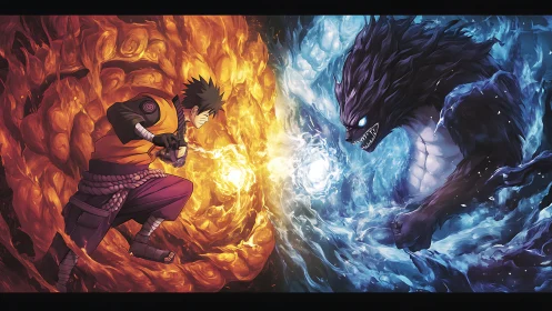 Anime duel between fire warrior and ice beast energy clash.