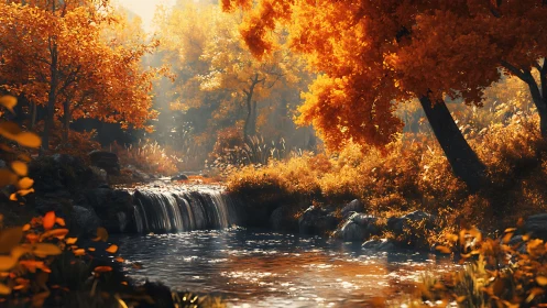 Golden Autumn Forest Waterfall with Luminescent Canopy