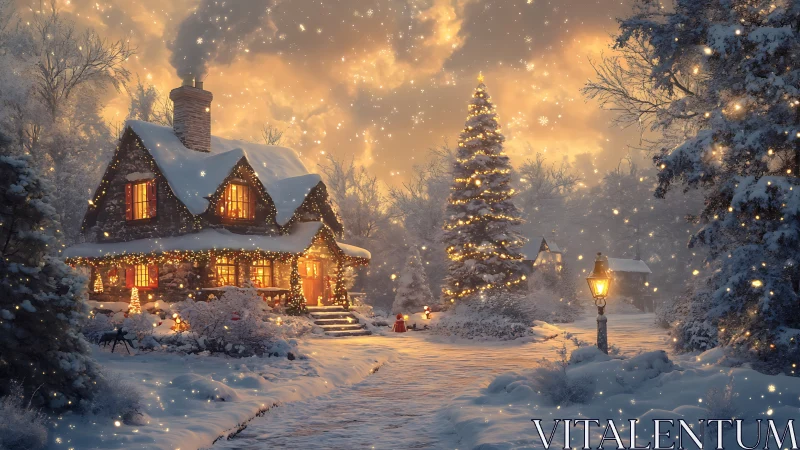 Snowy cottage glow under a softly sparkling winter sky.