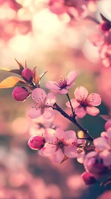 Pink Cherry Blossoms with Buds on Branch