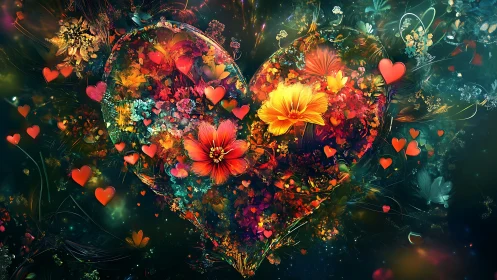 Heart-Shaped Floral Composition with Luminous Botanical Elements.