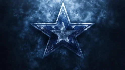 Weathered metallic star emblem over volumetric smoky backdrop