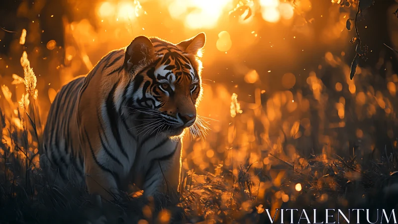 Tiger walks through backlit grass under strong warm sunlight.