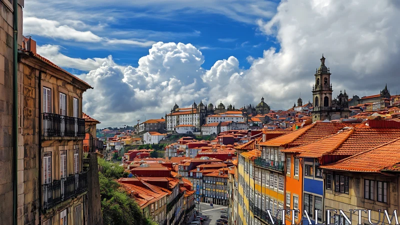 Porto hillside skyline with red roofs under dramatic clouds.