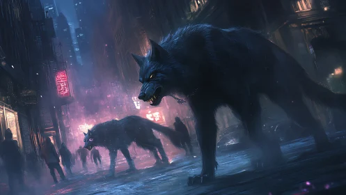 Midnight cyber wolves prowl a neon soaked futuristic street