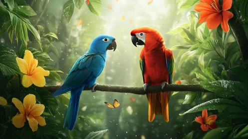 Vibrant Blue and Red Parrots in Lush Tropical Jungle Scene.
