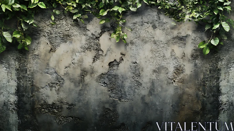 Weathered concrete wall surface supports overhanging foliage