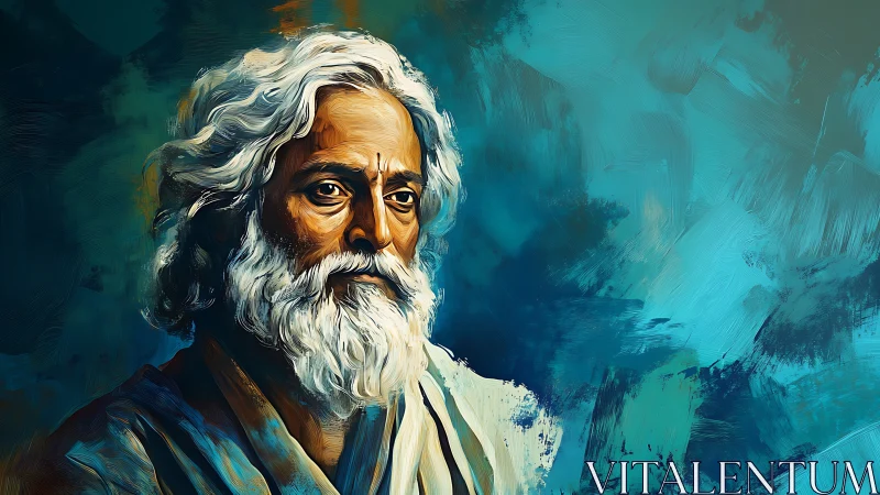 Elderly sage gazes forward amid swirling teal brushstrokes.