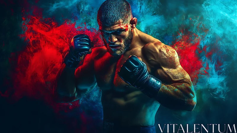 Boxer in combat stance with contrasting red and cyan visual elements.