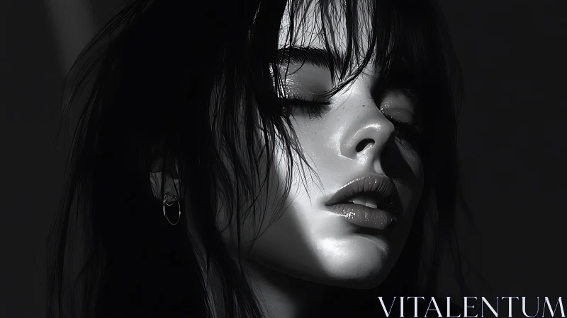 Shadowed portrait captures serene emotion in glossy grayscale.