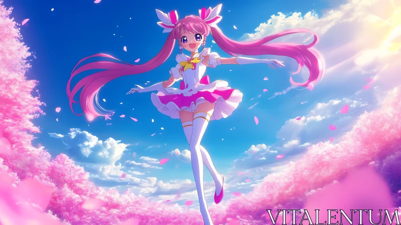 Sky-dancing magical girl among swirling cherry blossom clouds.