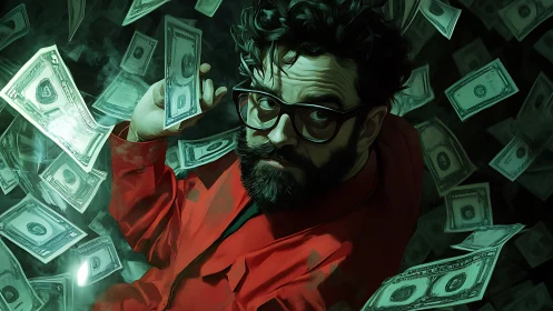 Man in red garment surrounded by floating dollar banknotes