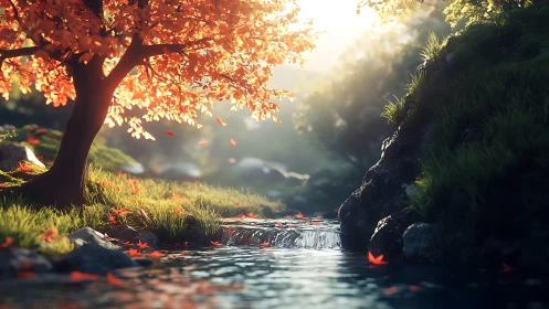 Digital painting of autumn creek under radiant backlighting.