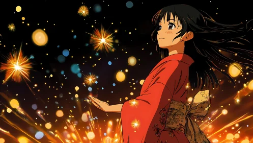 Girl in red kimono watches warm fireworks cascade overhead.