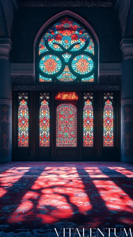 Stained glass windows project patterned light onto interior floor