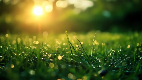 Close-up grass with dew at sunrise in shallow focus.