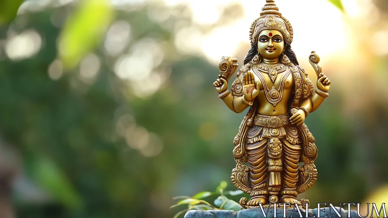 Golden Hindu goddess statue outdoors in soft daylight.