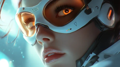 Cybernetic woman close-up with glowing augmented eye detail.