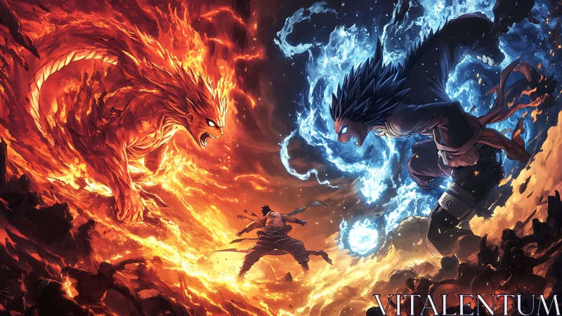 Elemental warriors clash amid colossal fire and ice beasts.