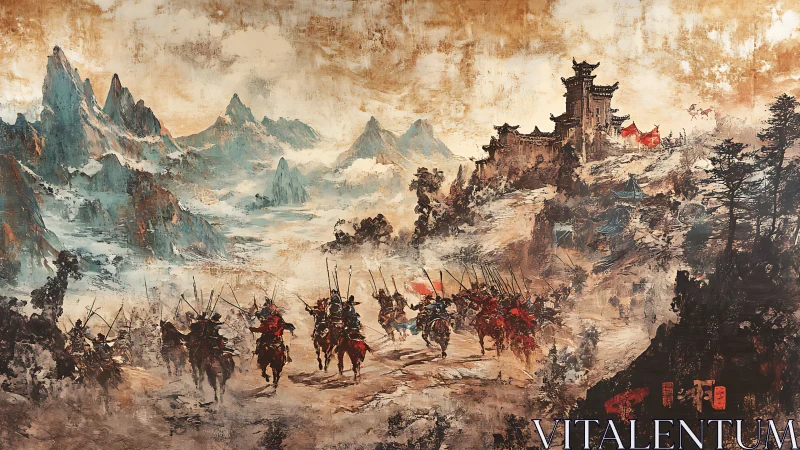 Ancient mounted warriors charge toward a misty mountain fortress.