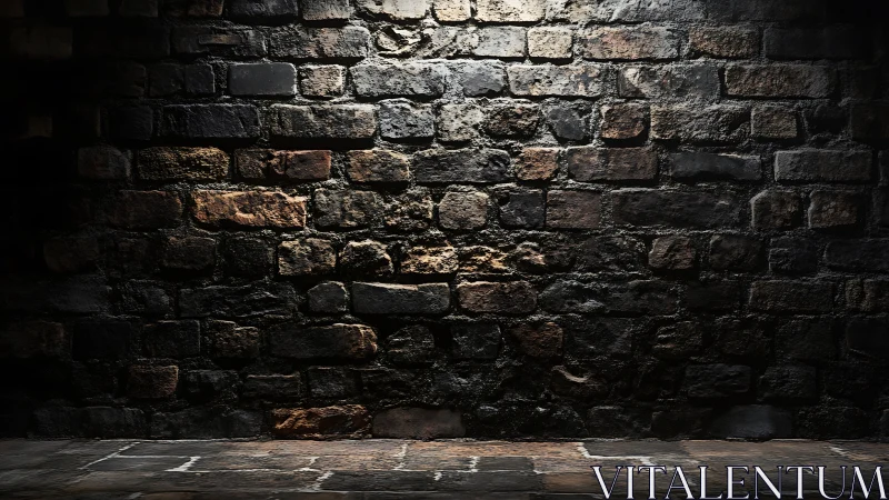 Textured dark brick wall with spotlighted stone surface.