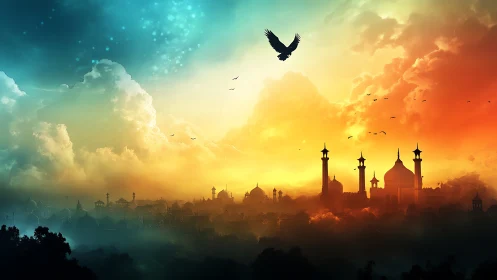 Sunset minarets beneath soaring birds and dream-bright sky.