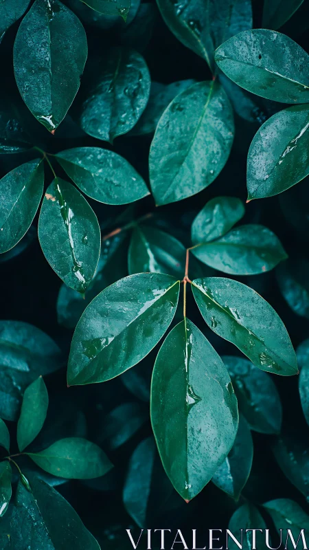 Rain-kissed green leaves glow softly in deep teal shadows