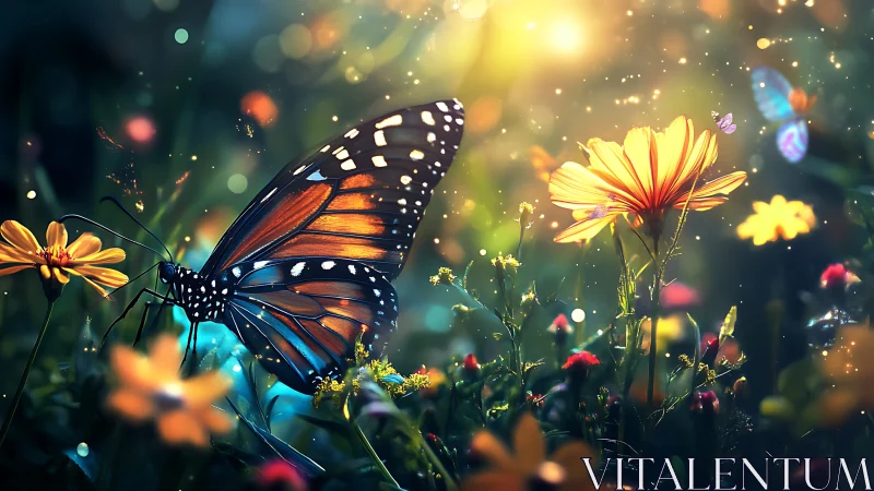 Macro butterfly illuminated against dreamy bokeh garden light