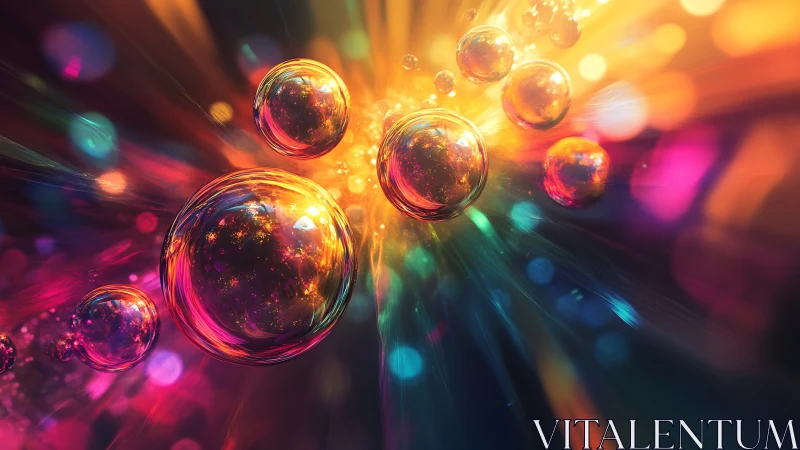 Iridescent energy orbs cascade through radial neon light field