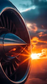 Jet engine nacelle against blazing high-altitude sunset.