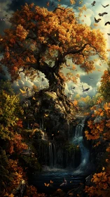Golden autumn tree welcomes waterfalls into a hidden glen