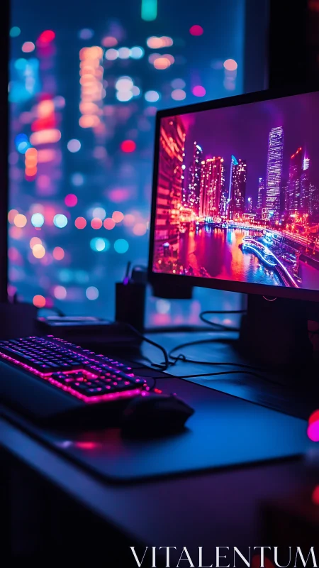 Neon city lights glow across a cozy late night desktop setup